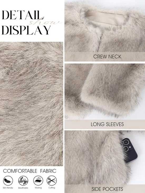 Lux Faux Fur Women's Coat - Taupe - Picture 3 of 3